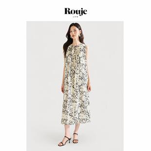 【现货】Rouje Life天丝亚麻国风水墨印花宽松圆领度假无袖连衣裙