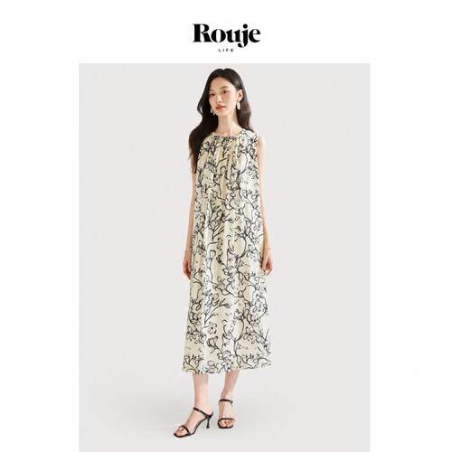 【现货】Rouje Life天丝亚麻国风水墨印花宽松圆领度假无袖连衣裙