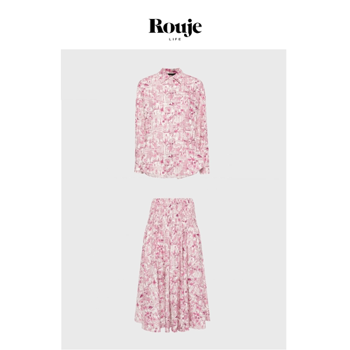 【现货】Rouje Life 海报款！粉色花卉套装秋海岛风休闲衬衫半裙