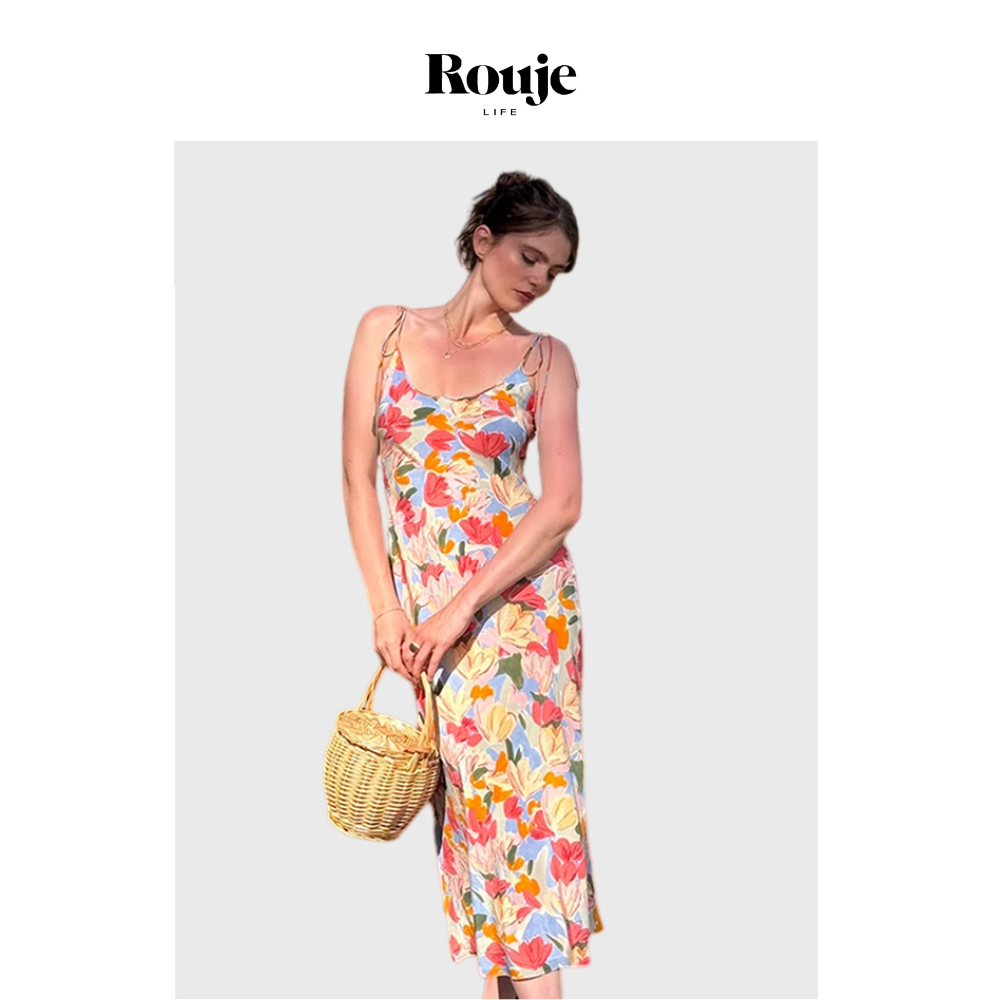 【现货】Rouje Life法式真丝印花绑带长裙斜裁连衣裙版型修身显瘦