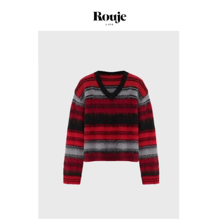Life红黑条纹小蜜蜂刺绣羊毛马海毛V领针织毛衣女 Rouje 现货