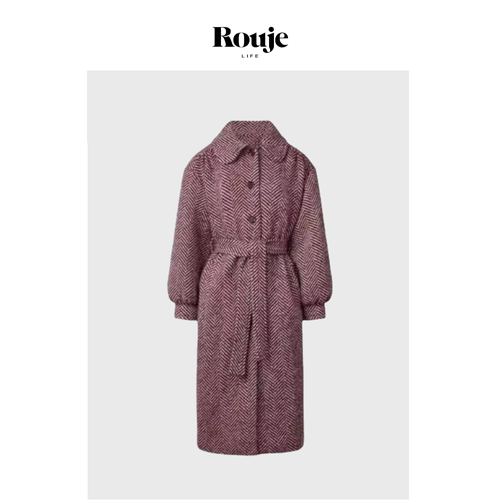 【现货】Rouje Life巴黎人字纹大衣 24早秋暗红色复古羊毛长外套