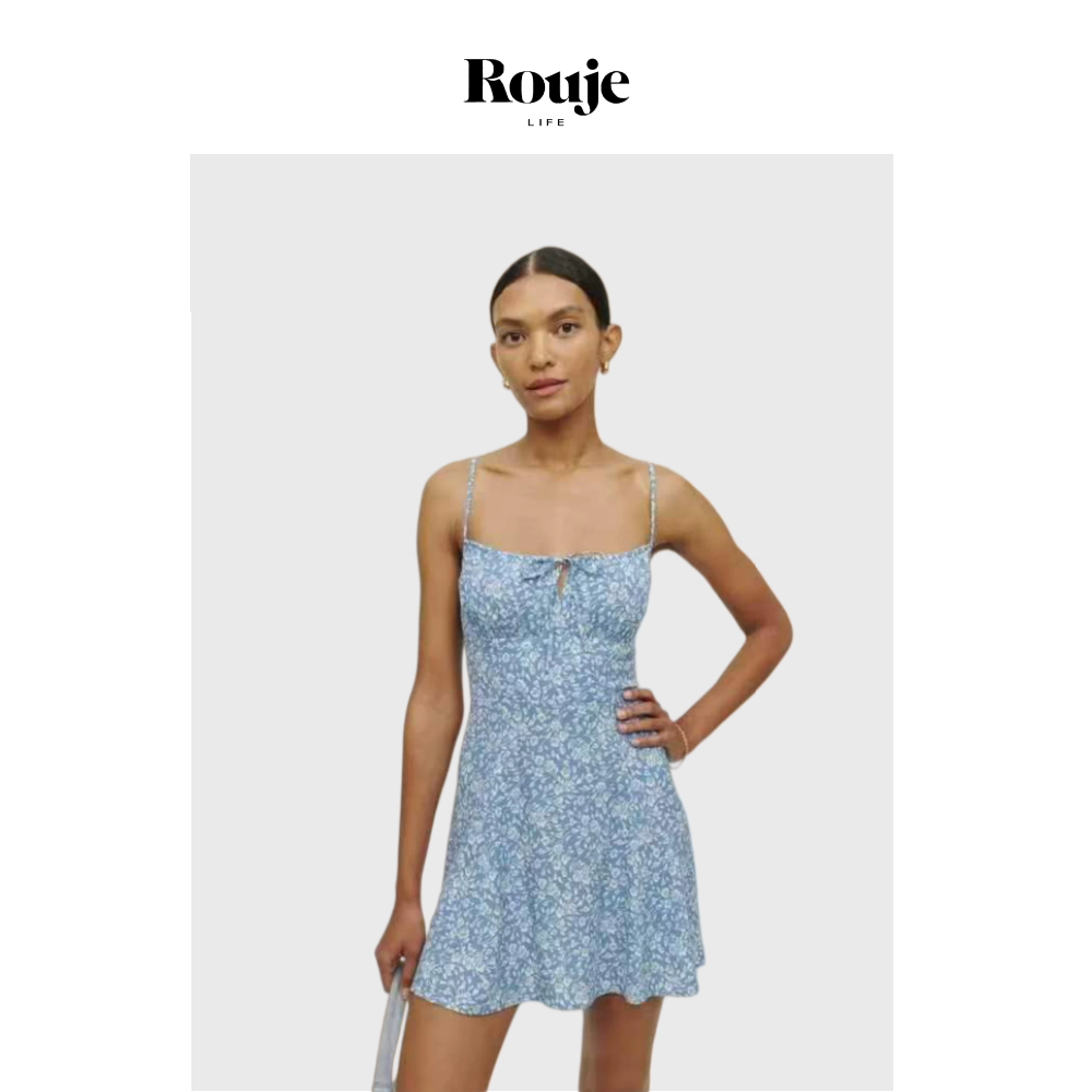 【现货】Rouje Life法式连衣裙气质修身显瘦度假蓝色碎花吊带裙子