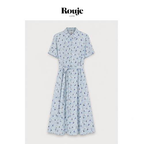 【现货】Rouje Life夏季新款抗皱全棉印花蓝色帆船圆领长款连衣裙