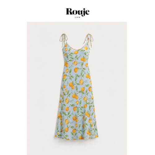 【现货】Rouje Life法式真丝印花绑带长裙斜裁连衣裙版型修身显瘦