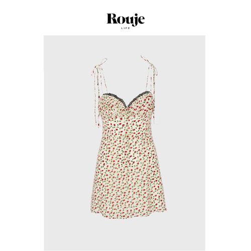 【现货】Rouje Life新款连衣裙法式小玫瑰印花蕾丝边抽绳吊带短裙