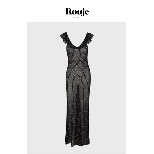 【现货】Rouje Life圆领真丝低胸连衣裙荷叶边修身收腰女性感透视