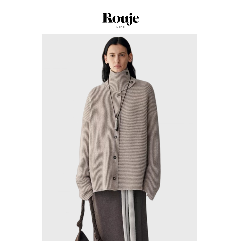 【现货】Rouje Life北欧风高领羊毛毛衣女加厚重磅针织单排扣开衫