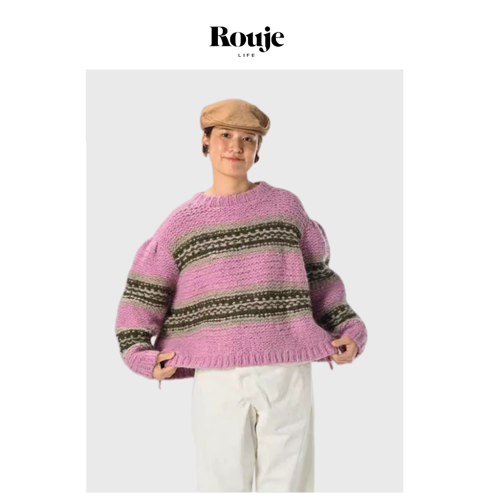 【现货】Rouje Life古董风毛衣24秋季粉色套头条纹廓形针织衫