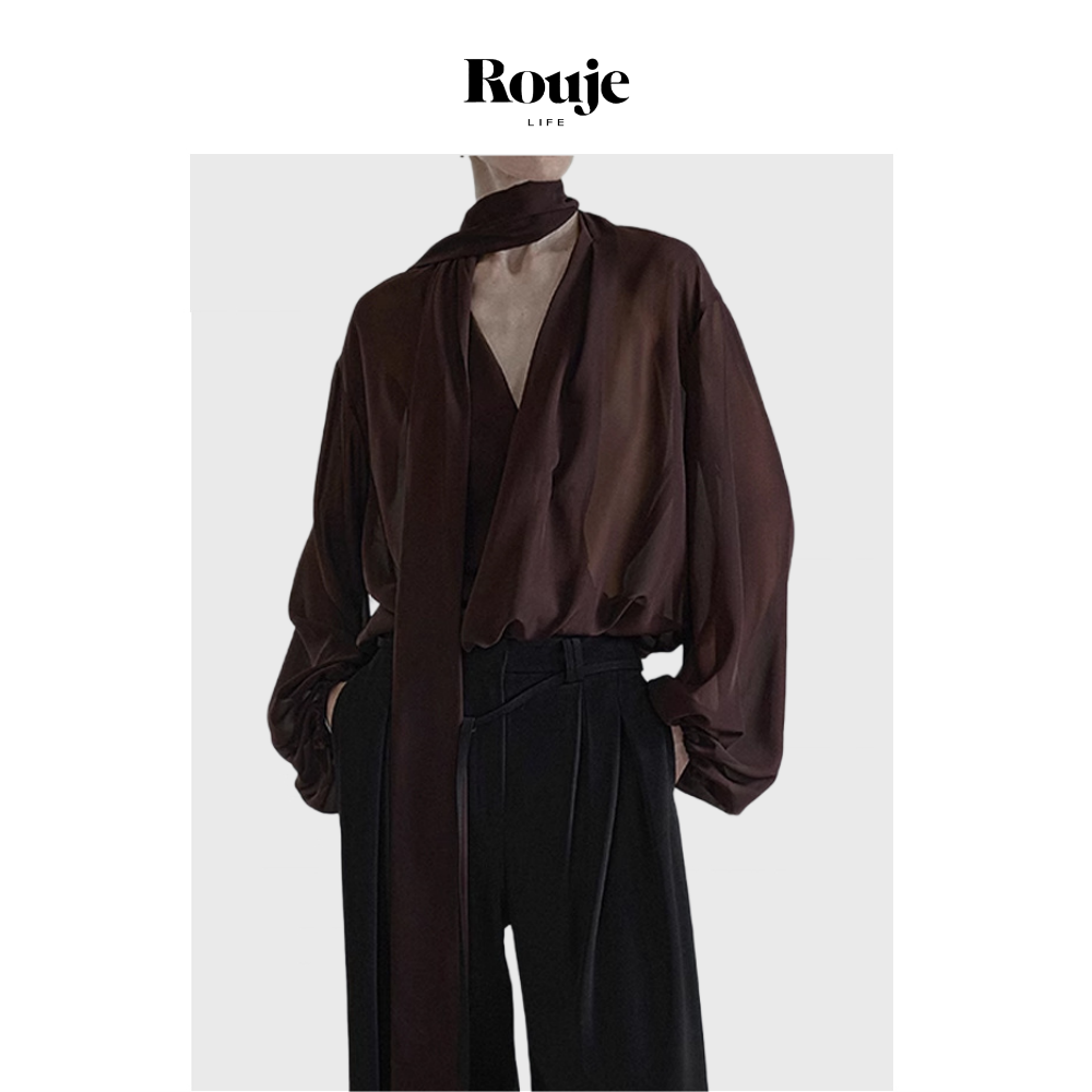 【现货】Rouje Life法式V领雪纺衬衫缠绕飘带长袖上衣宽松衬衣女