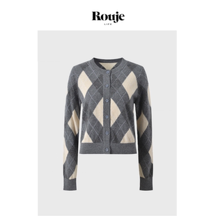 Life小众法式 减龄时尚 经典 针织开衫 Rouje 菱格色块长袖 女 现货