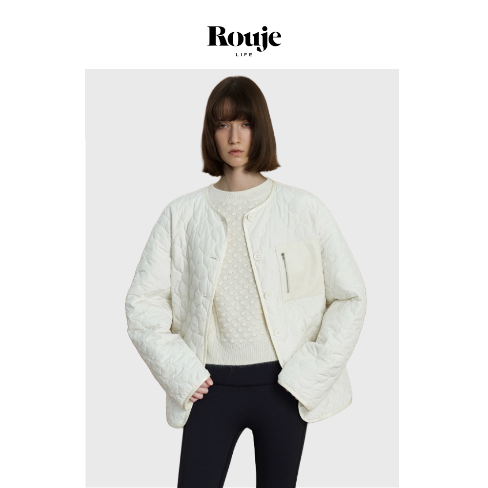 【现货】Rouje Life 买手店限定棉服秋奶油色菱格纹人造羽绒外套