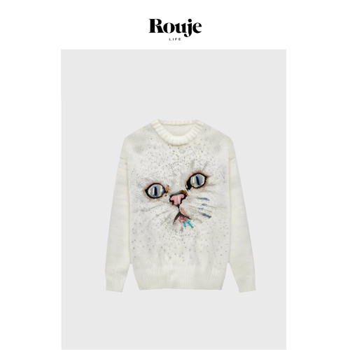 【现货】Rouje Life宋祖儿同款猫咪珠片刺绣马海毛宽松针织衫毛衣