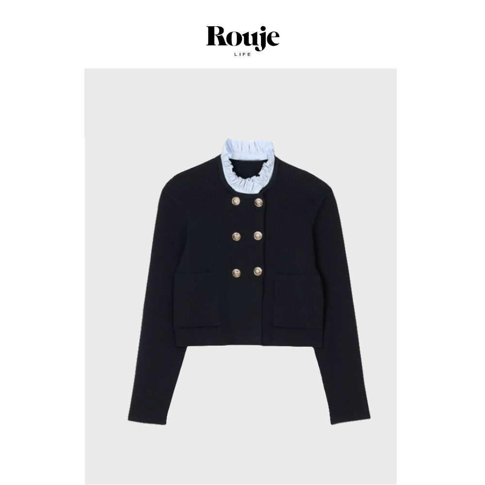 【现货】Rouje Life早春新款乔欣同款法式蓝色花边领针织开衫外套