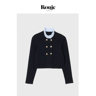 【现货】Rouje Life早春新款乔欣同款法式蓝色花边领针织开衫外套