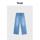 Rouje 现货 Life复古浅蓝纯棉水洗做旧中低腰宽松直筒牛仔长裤