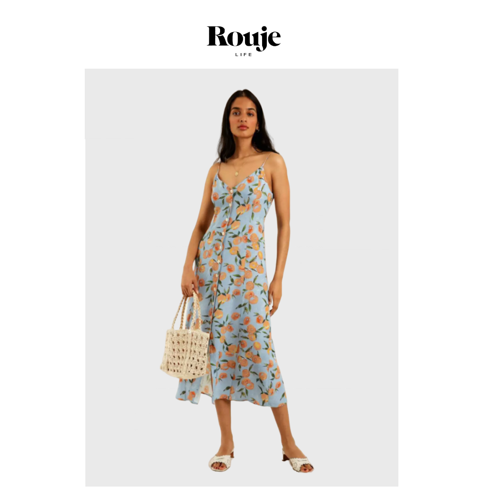【现货】Rouje Life法式吊带单排扣连衣裙水果橘子印花中长裙裹身