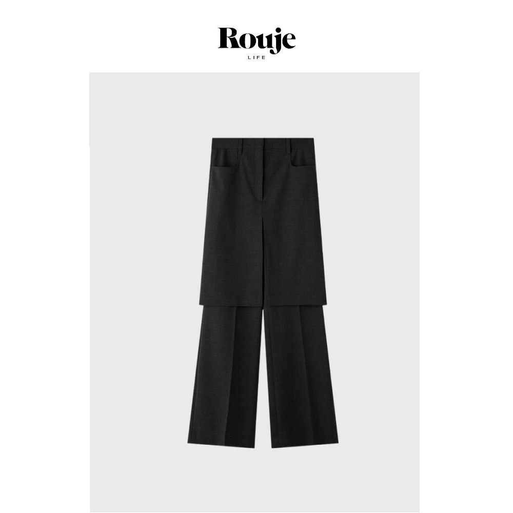 【现货】Rouje Life小众极简风假两件开叉微喇裙裤女直筒阔腿裤子