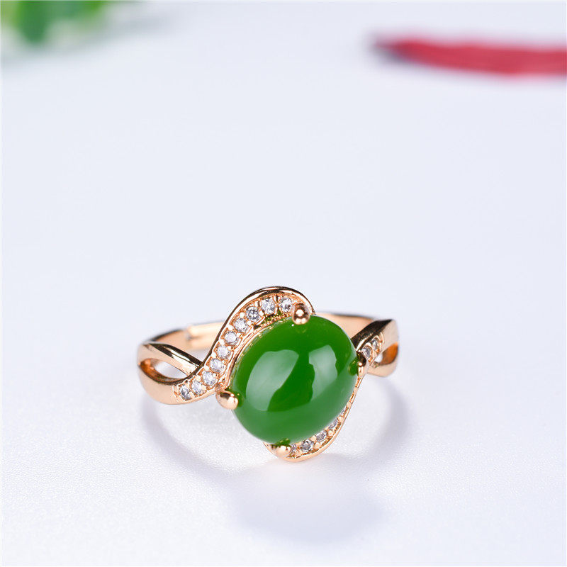 天然和田碧玉扭转戒指菠菜绿925纯银镀18K金开口白金玫瑰金女友