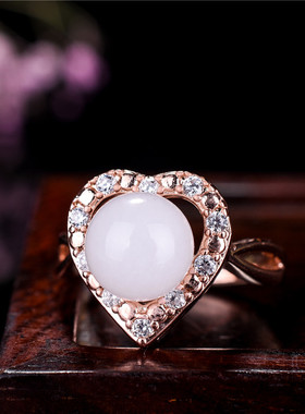 天然和田玉白玉戒指玫瑰金镶嵌活口戒圈简约大气玉石指环女款尾戒