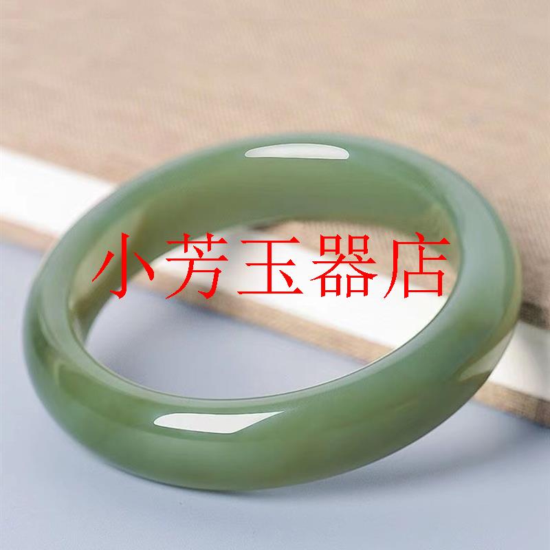 和田玉阿富汗玉中宽版少女款手镯青绿玉石圆条湖水绿手镯子处理