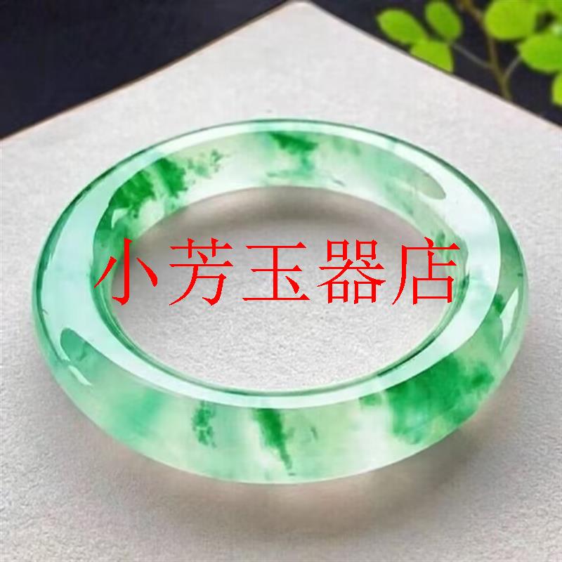 冰底飘阳绿胖圆条翡翠色玉石镯子