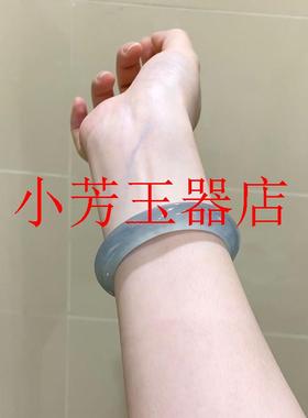 缅甸高冰种飘花翡翠色玉石手镯女款正圈圆条高冰蓝水天青色玉镯子