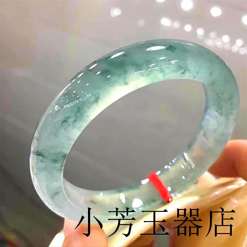 缅甸老坑冰种飘花翡翠色手镯圆条宽镯子晴水吊坠女款贵妃飘绿玉镯
