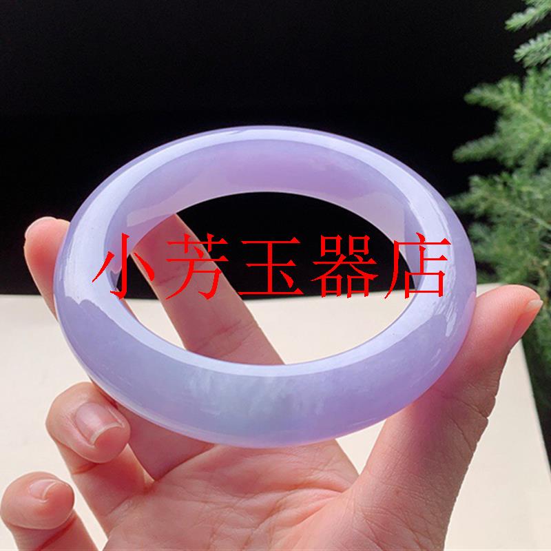 缅甸紫罗兰翡翠色玉手镯冰糯种飘绿春彩圆条翠色贵妃镯高级感女款