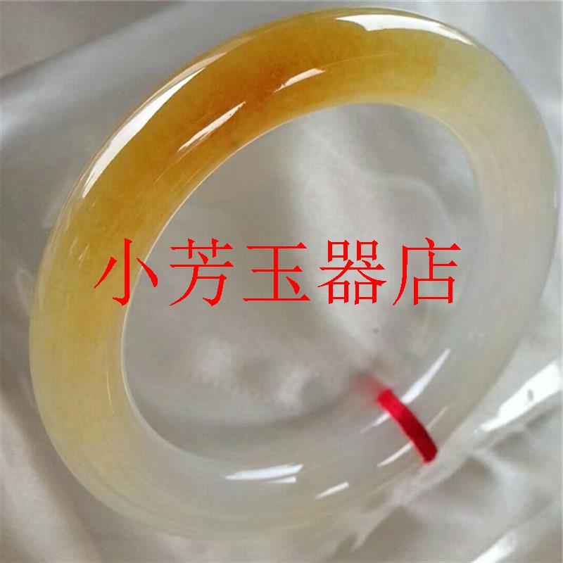 缅甸翡翠色玉石飘花玉手镯冰种糖色黄翡圆条手镯水润正圈贵妃玉镯