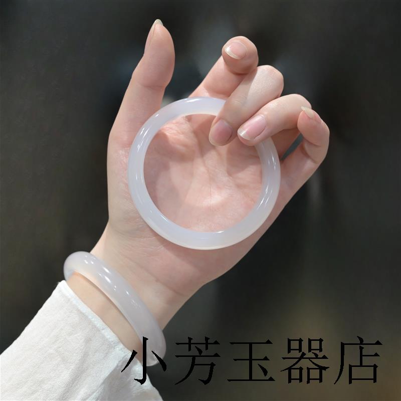 高端冰种白玛瑙手镯少女款荔枝冻白月光玉髓镯子翡翠色扁条高冰叮
