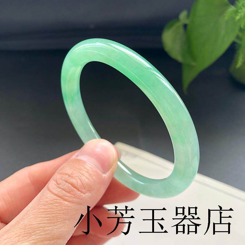 精选缅甸冰种飘花细圆条翡翠色玉手镯飘绿花贵妃镯叮当镯福镯女款