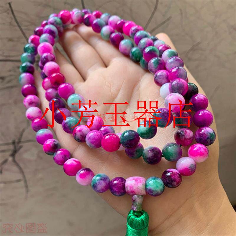 七彩玉石桃花色精挑选圆珠佛珠念珠手串项链毛衣链时尚颈饰品送礼