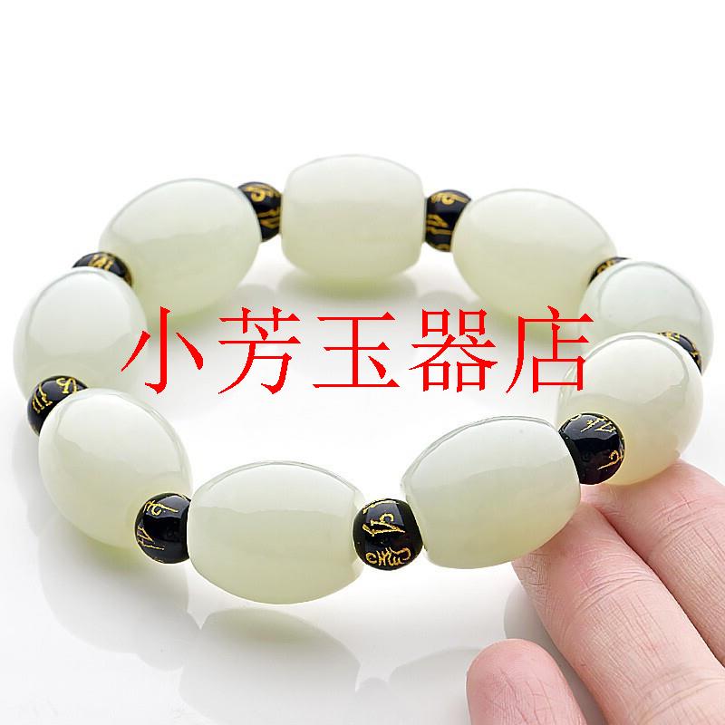 和田玉白玉路路通手链玉石圆珠手串黑玛瑙隔珠米珠手串饰品男款