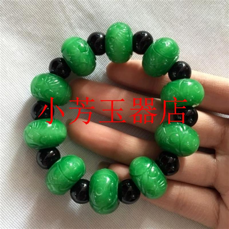 缅甸老坑满绿翡翠色玉手链祖母绿干青铁龙生雕花算盘珠手串男女款