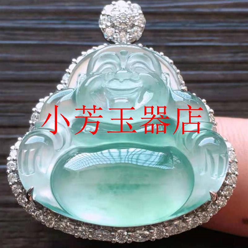 精品翡翠玉石吊坠笑玉佛公冰种蓝水翡翠银饰镶嵌吊坠挂件阳绿饰品