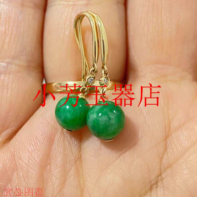 缅甸精品冰种阳绿翡翠色耳环银饰挂钩圆珠子耳坠玉饰品送妈妈送礼