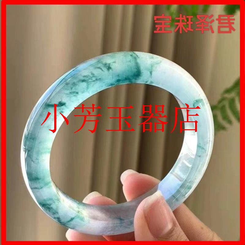 精选独龙玉手镯高冰透底飘花手镯圆条手镯玉镯子翡翠色镯子百搭款