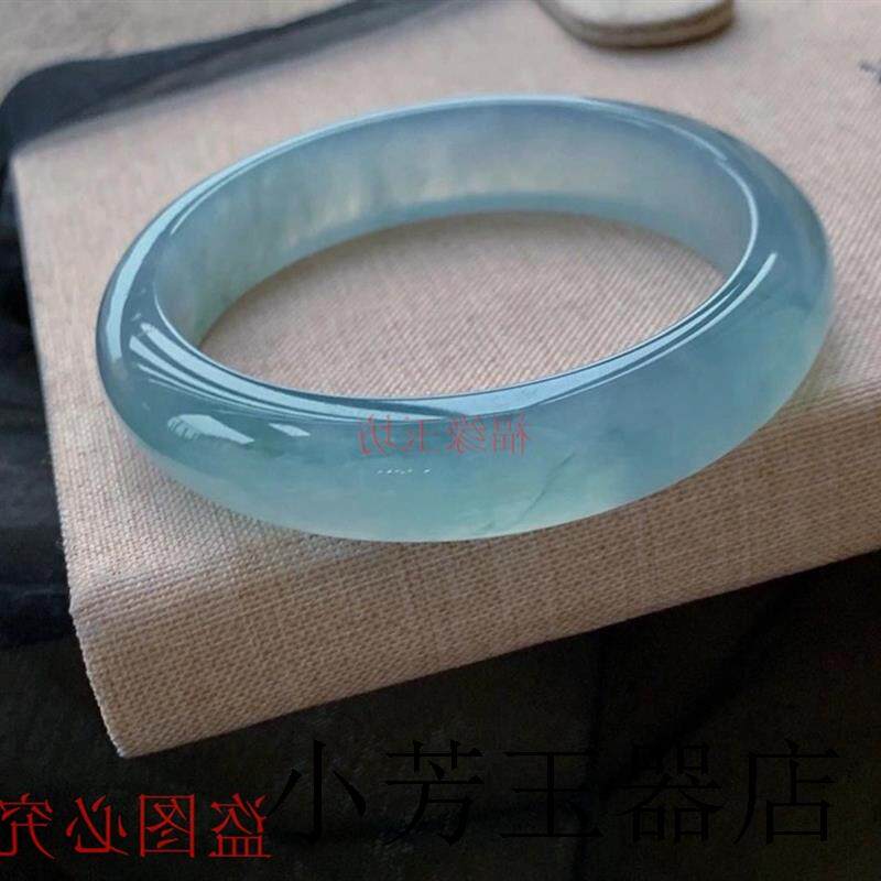 精选缅甸老坑高端冰种扁条飘蓝色花翡翠色手镯带少女玉石送礼处理