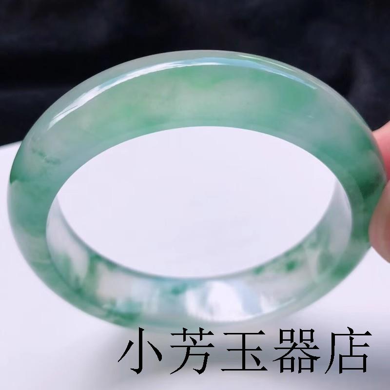 冰种飘绿花翡翠色手镯缅甸精选正圈圆条贵妃宽版女款飘花玉镯送礼