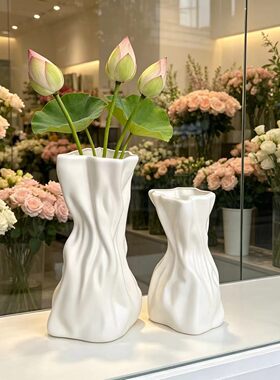 轻奢风白色不规则塑料仿陶瓷花瓶耐摔抽象造型家居装饰摆件