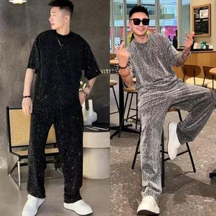 短裤 夏季 网红潮流宽松透气5分袖 男轻奢满天星烫钻套装 两件套 新款