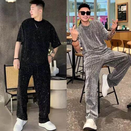 夏季新款男轻奢满天星烫钻套装网红潮流宽松透气5分袖短裤两件套