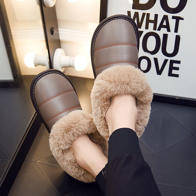 冬季牛皮包跟棉拖鞋情侣居家防滑牛筋底加绒防水保暖家用真皮棉鞋