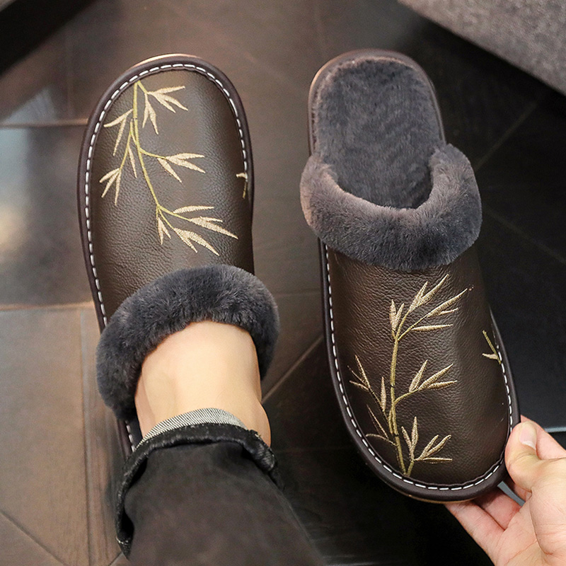秋冬全真皮软底防水绣花棉拖鞋