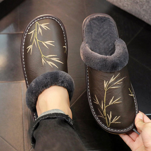 秋冬全真皮软底防水绣花棉拖鞋