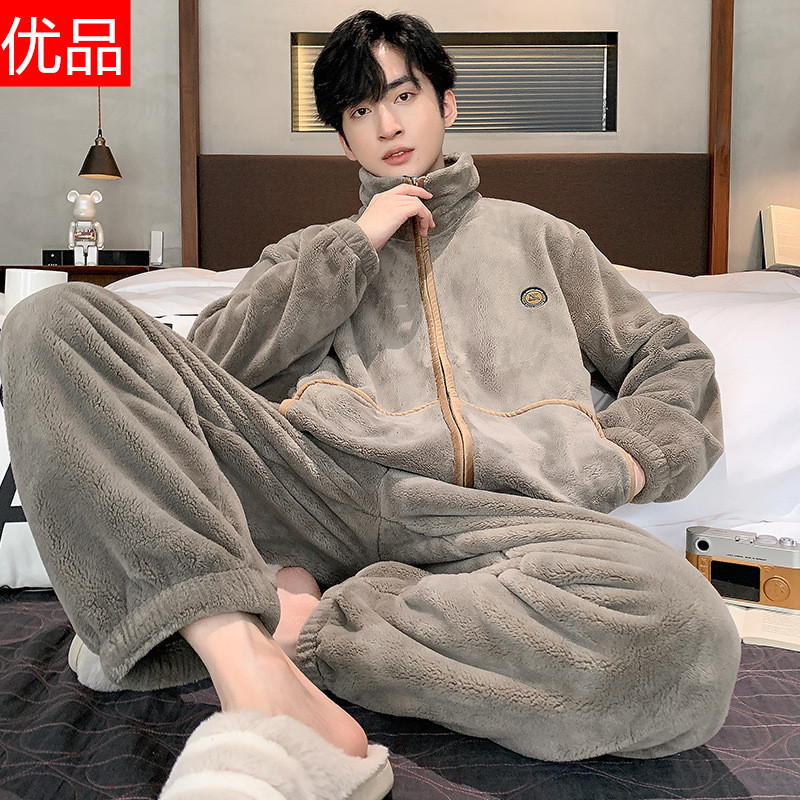 睡衣男士珊瑚绒加厚加绒秋冬款立领运动青少年可外穿家居服套装