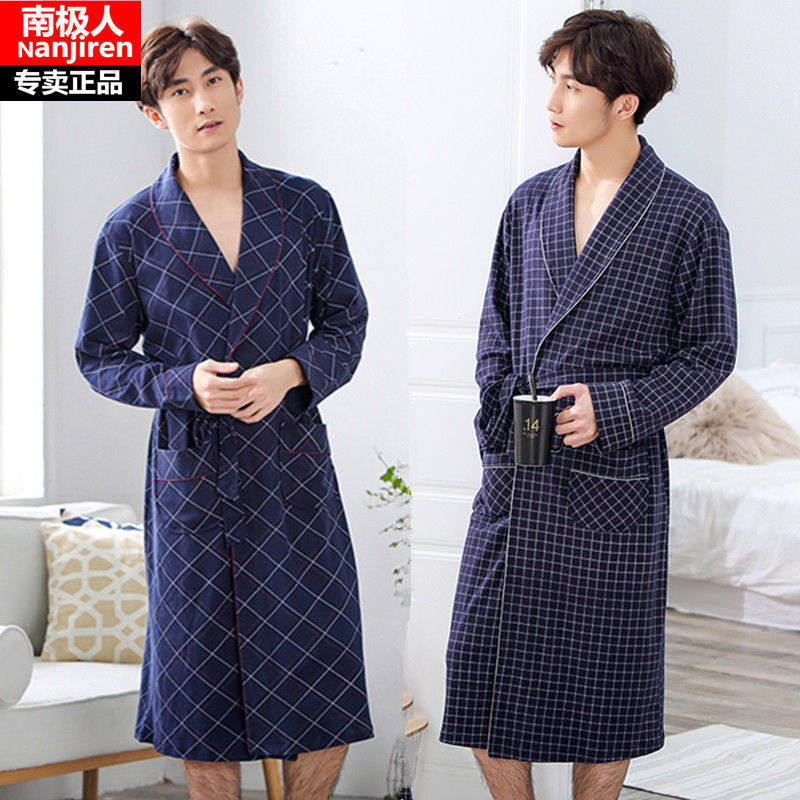 男士睡袍春秋季纯棉长袖宽松加大码中长款浴袍睡衣男秋冬家居服