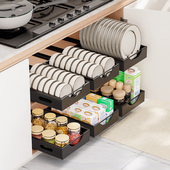 厨房碗碟收纳层架整体橱柜内抽屉置物架免安装 抽拉碗架拉篮放碗筷