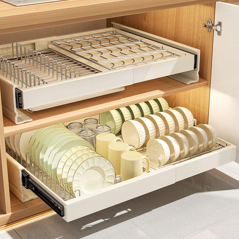 厨伴不锈钢橱柜拉篮厨房抽屉式可伸缩沥水架免打孔抽拉碗碟收纳架,厨房/烹饪用具,碗架,淘宝优惠券,粉丝福利购,淘宝优惠卷